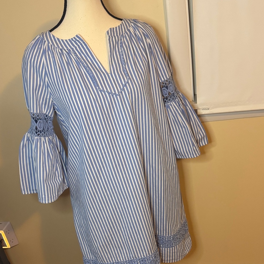 Crown & ivy women blue/white striped balloon sleeve lace embroidery costal dress